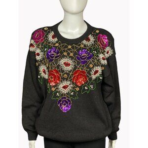 Vintage Western Connection Womens Medium Black Beaded Sequin Floral Pullover Swe